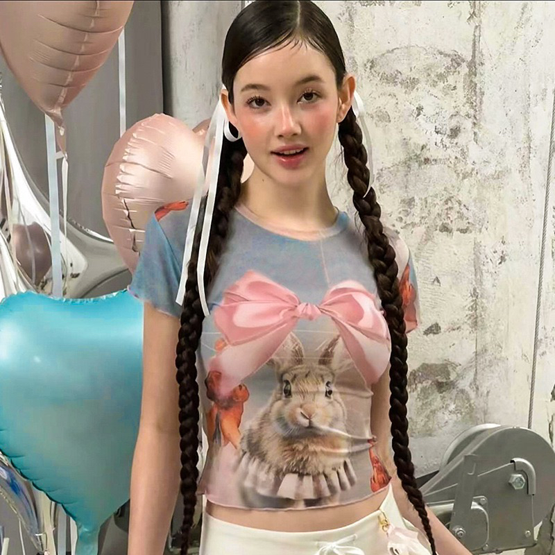 Easter Bow Bunny T-shirt Y2K Mesh Exposed Navel Short Sleeve🎀🐰