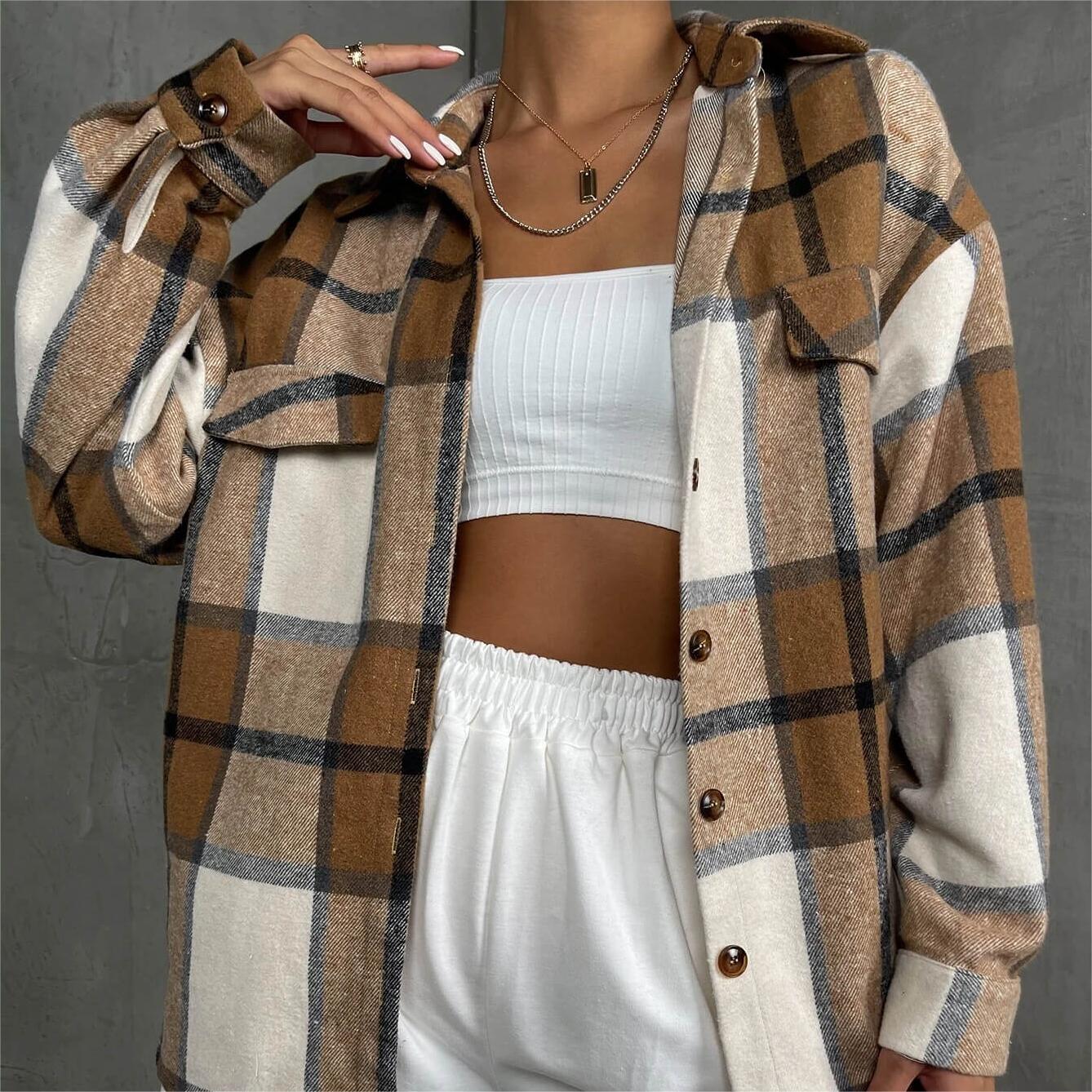 Plaid Print Flap Detail Drop Shoulder Coat