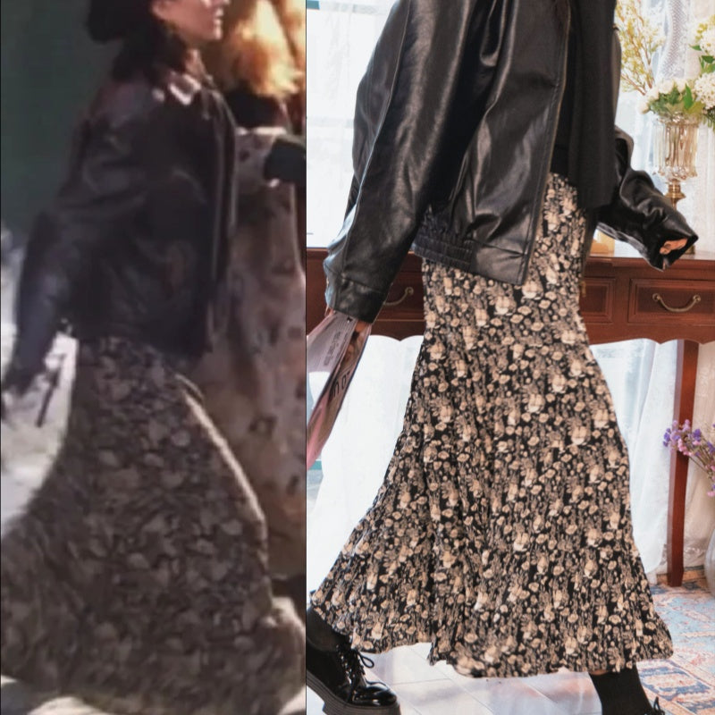 Friends Monica Same Style Ruched Black and White Floral Maxi Skirt