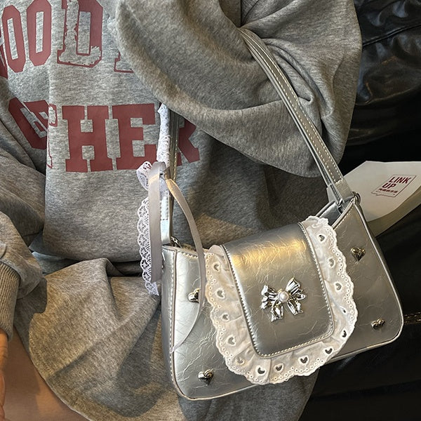 Sweet Spring - Summer PU Leather Handbags: Y2K Lace - Trimmed Bowknot Underarm Bags for Women
