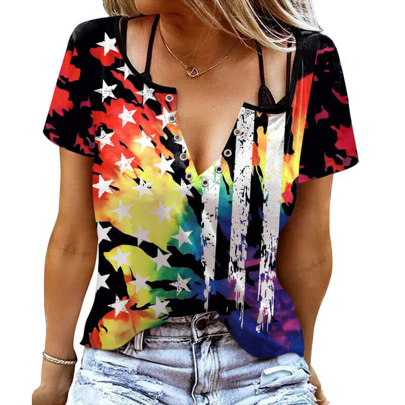 Independence Day Flag Print V-Neck Short Sleeve