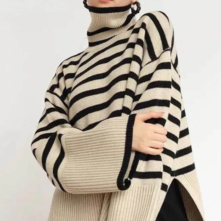 Winter Turtleneck Side Slit Stripe Stitching Pullover Sweater