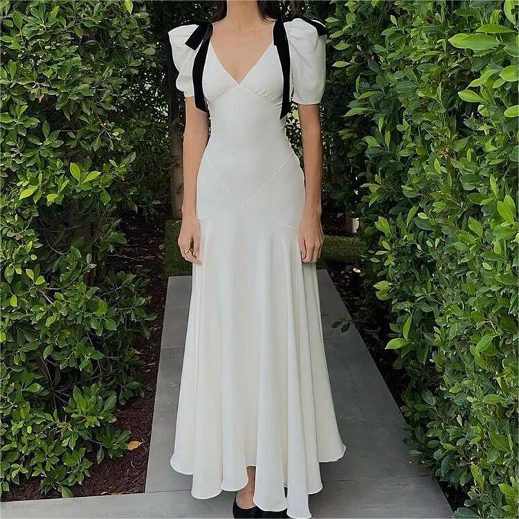 Cream Hepburn Style Slim Long Dress
