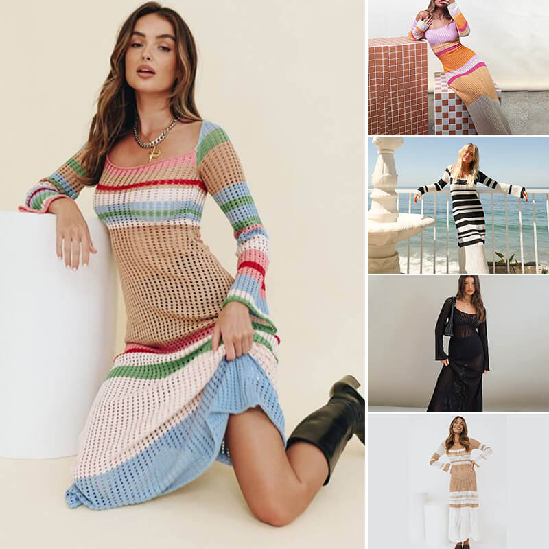 Colorful Clashing Hollow Out Knit Dress