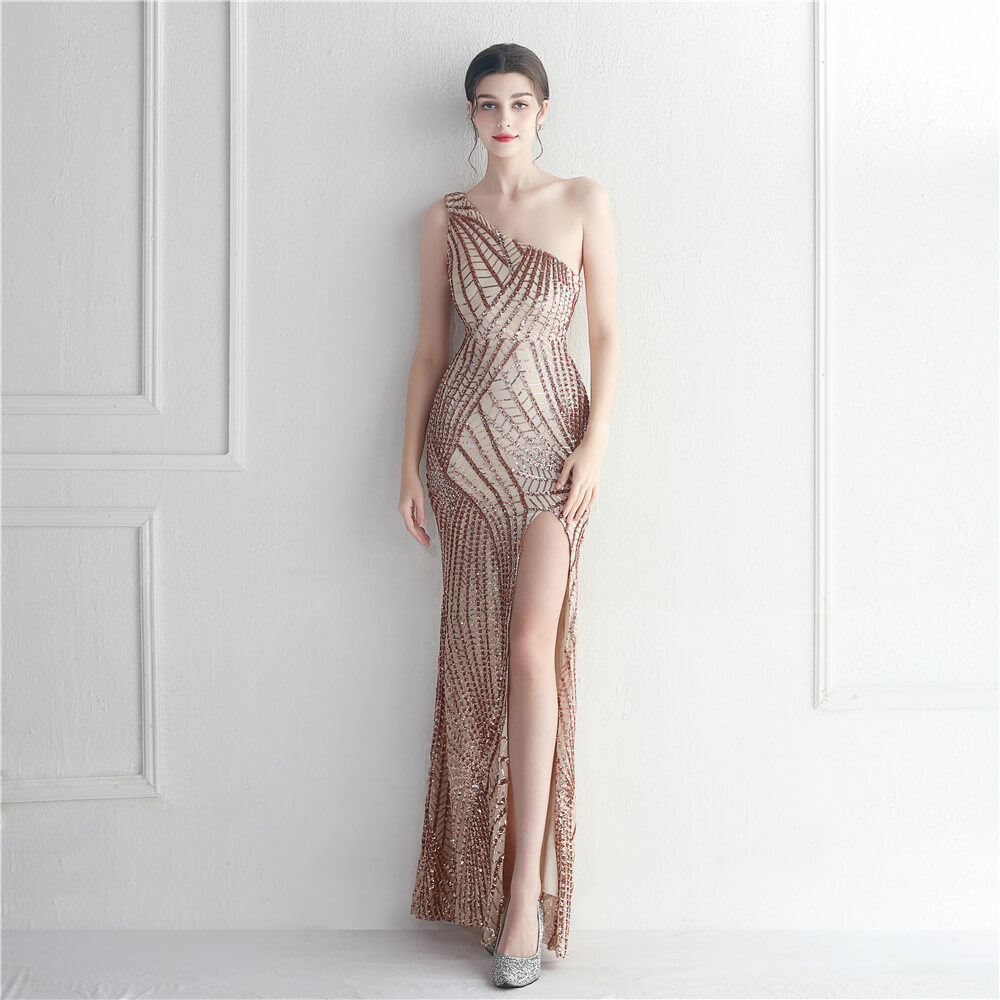 Flower Beaded One Shoulder Slant Neck Dress