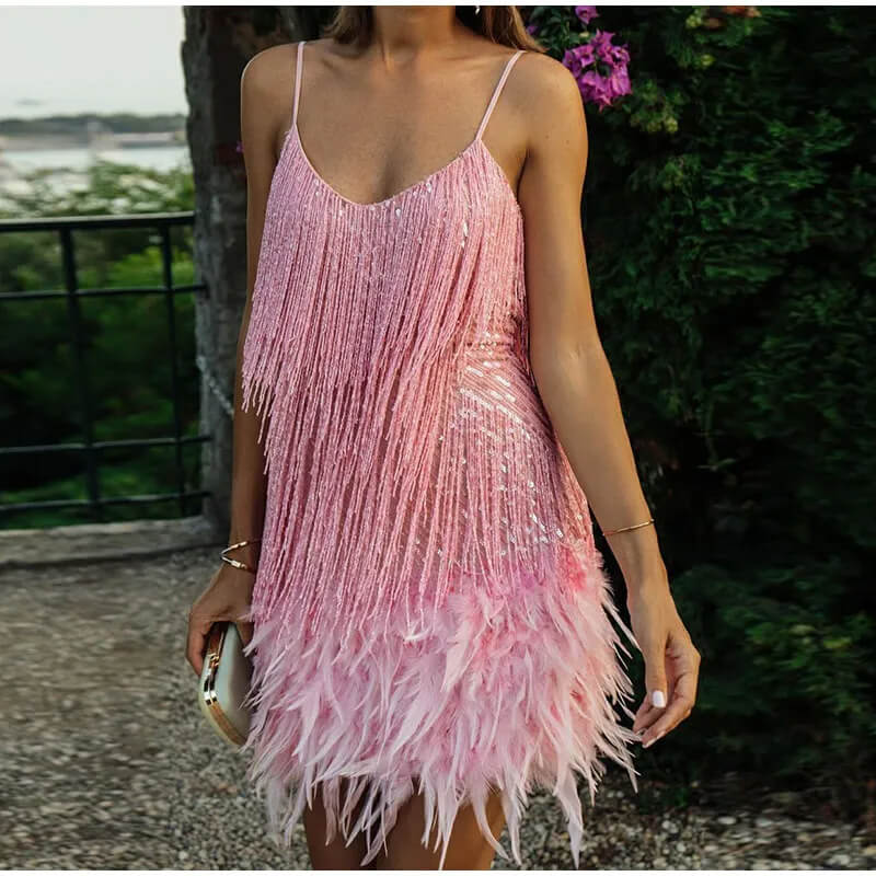 New Sexy Tassel Sequins Feather Mini Dress