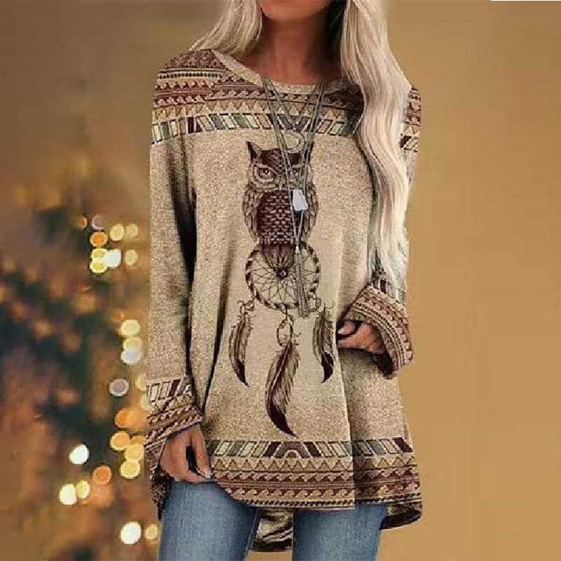 Printed Loose Long Sleeve Round NeckT-Shirt