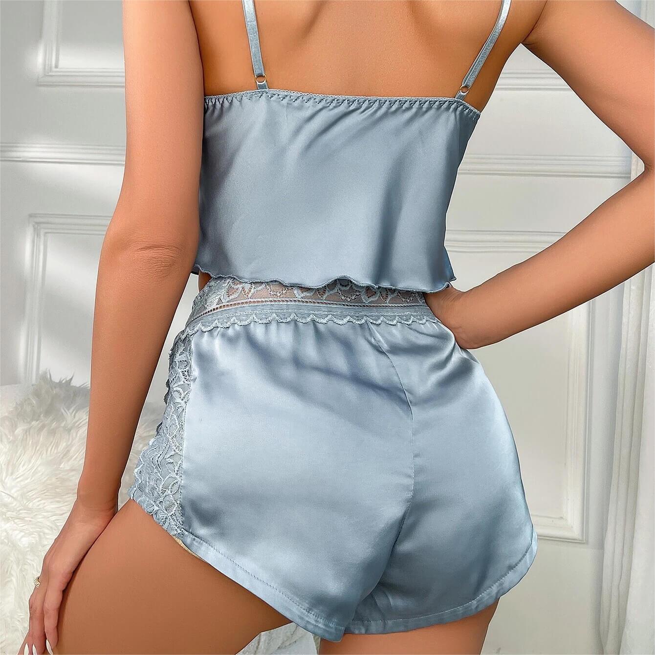 Lace Trim Bow Front Satin PJ Set