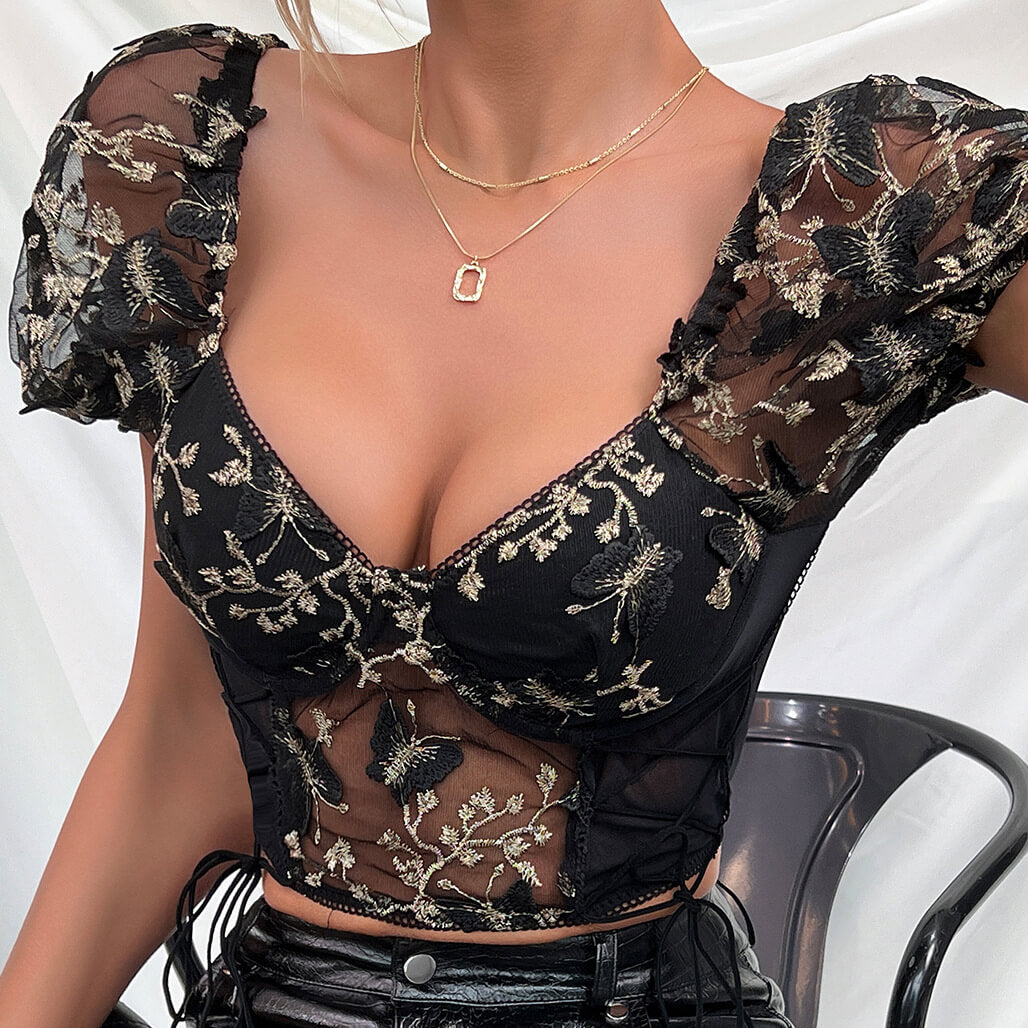 Butterfly Embroidery Backless Mesh Camisole