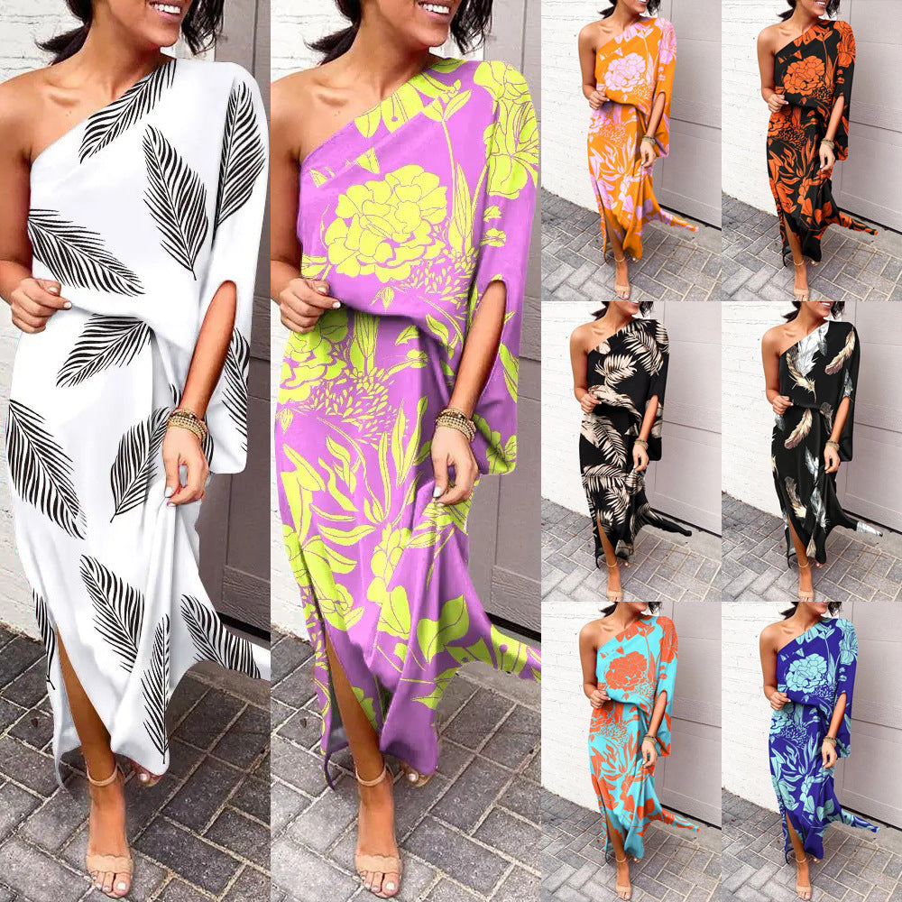 One Shoulder Maxi Dresses for Women 2025 Vacation Print Asymmetrical Flowy Boho Beach Wedding Guest Dresses