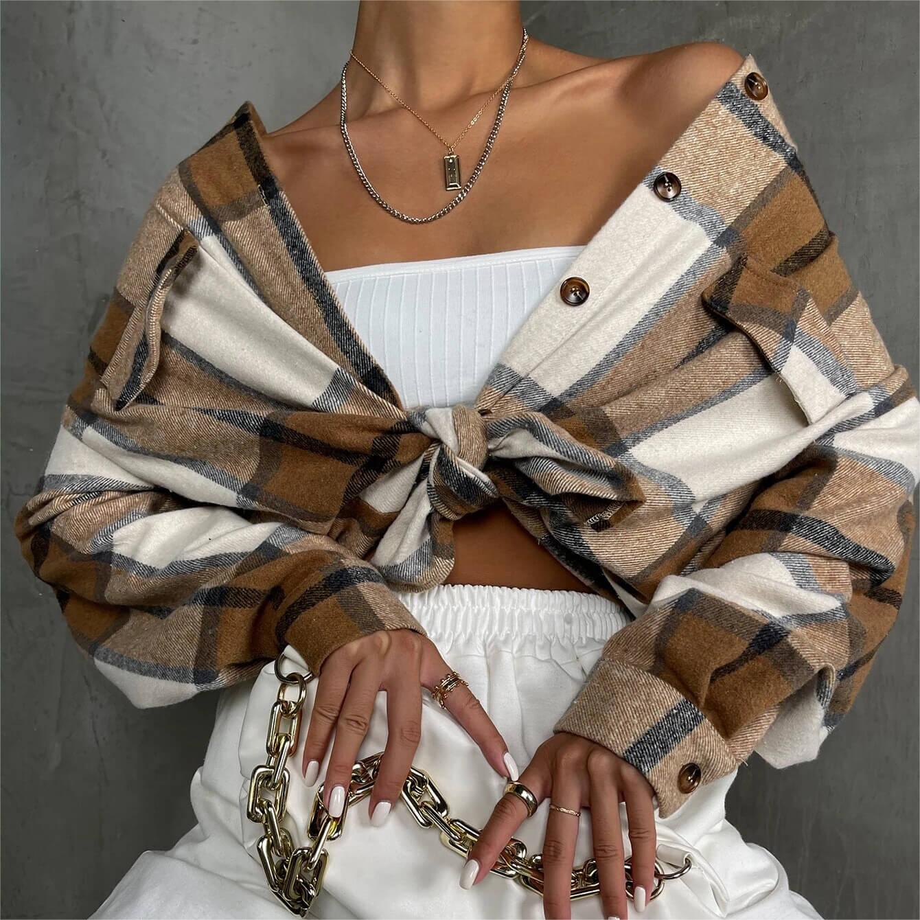 Plaid Print Flap Detail Drop Shoulder Coat