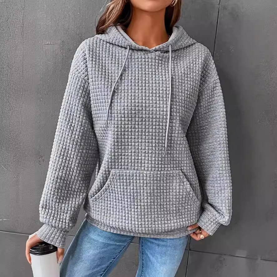 Solid Color Waffle Round Neck Long Sleeve Sweatshirt