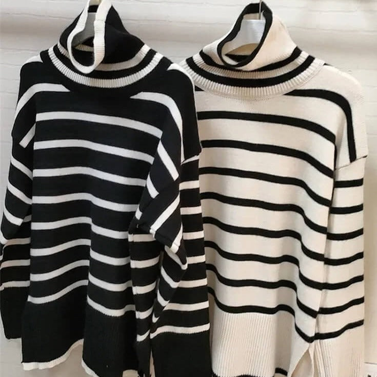 Winter Turtleneck Side Slit Stripe Stitching Pullover Sweater
