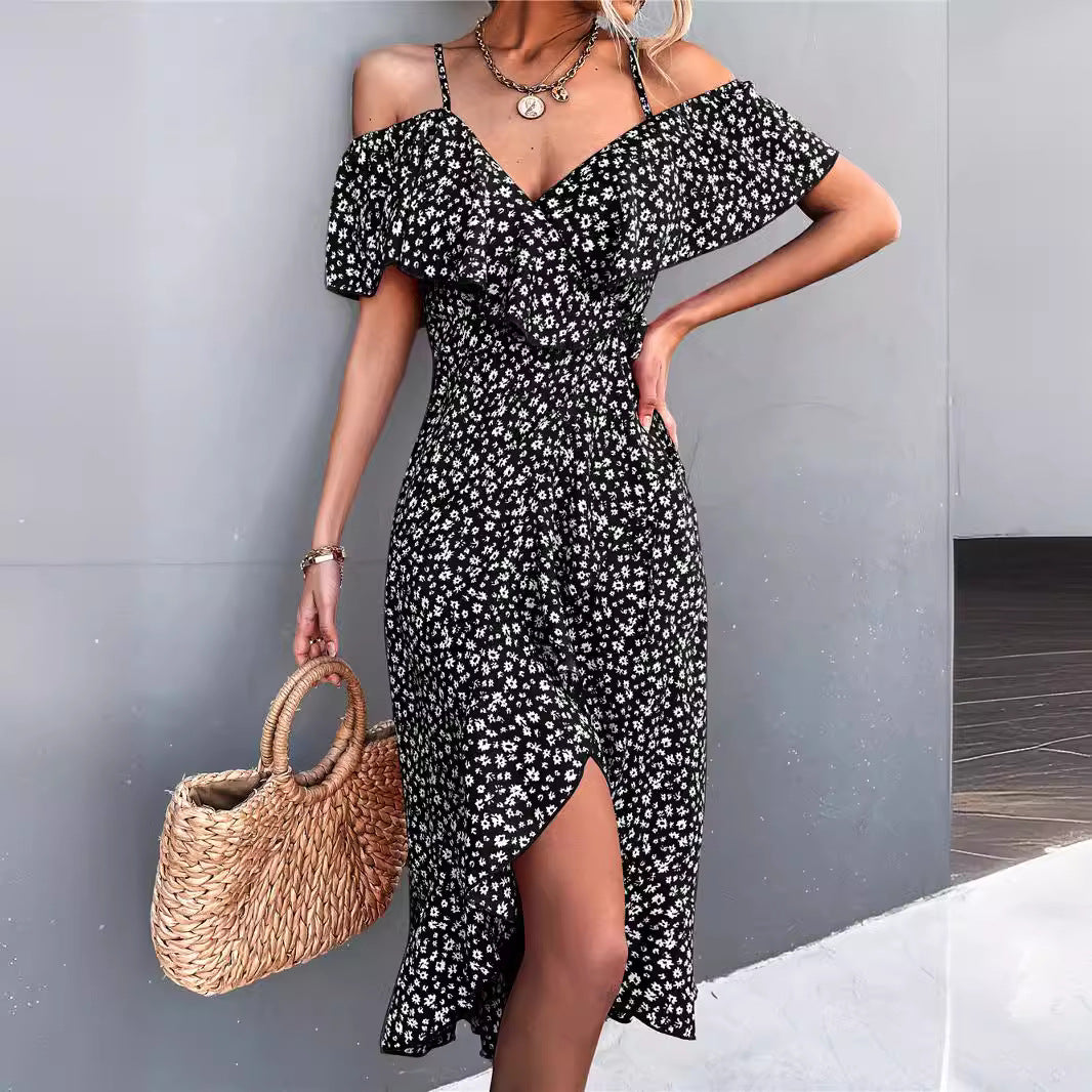 2025 Women's Summer Floral Maxi Dress with Lotus Leaf Sleeves, Sexy Backless Design with Slit - Perfect for Effortless Elegance