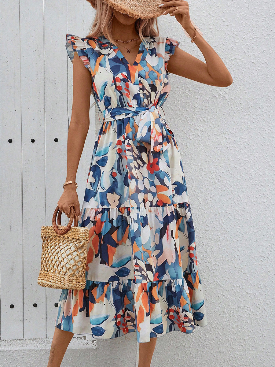 Women's Bohemian Beach Skirt Lotus Leaf Sleeve V-neck Dress for Trendy Beach Vacations 2025 Summer & Seashell Starfish Bracelet
