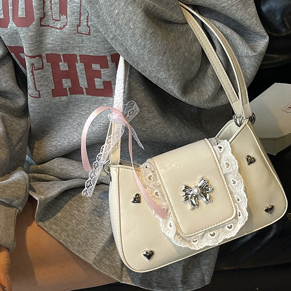 Sweet Spring - Summer PU Leather Handbags: Y2K Lace - Trimmed Bowknot Underarm Bags for Women