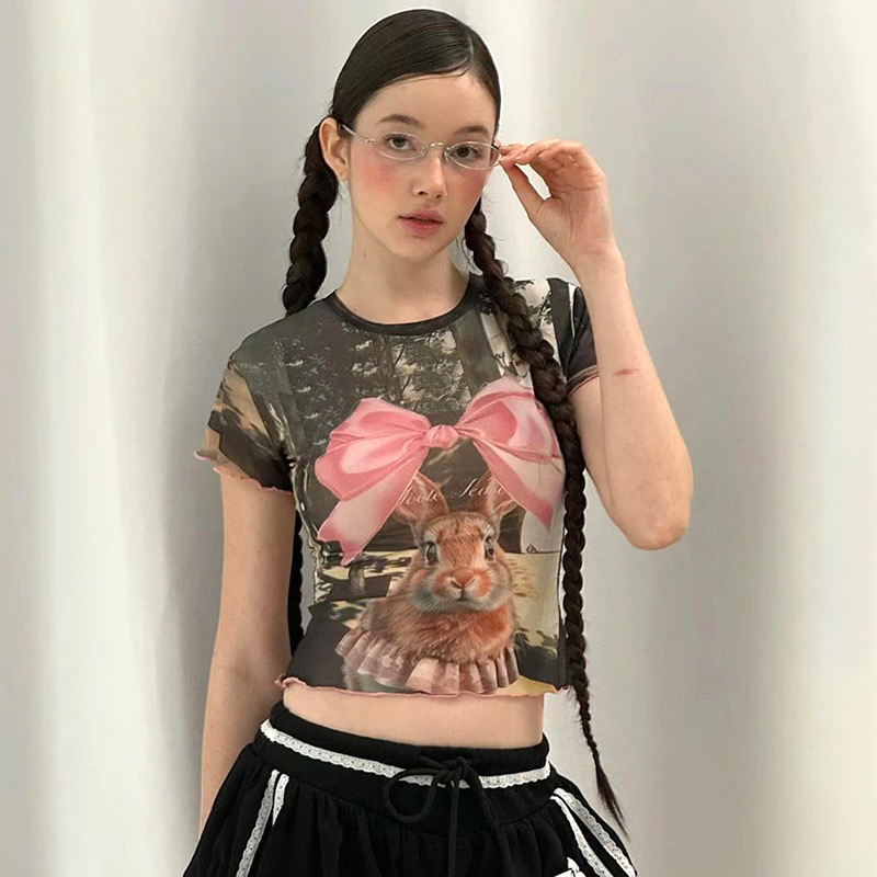 Easter Bow Bunny T-shirt Y2K Mesh Exposed Navel Short Sleeve🎀🐰