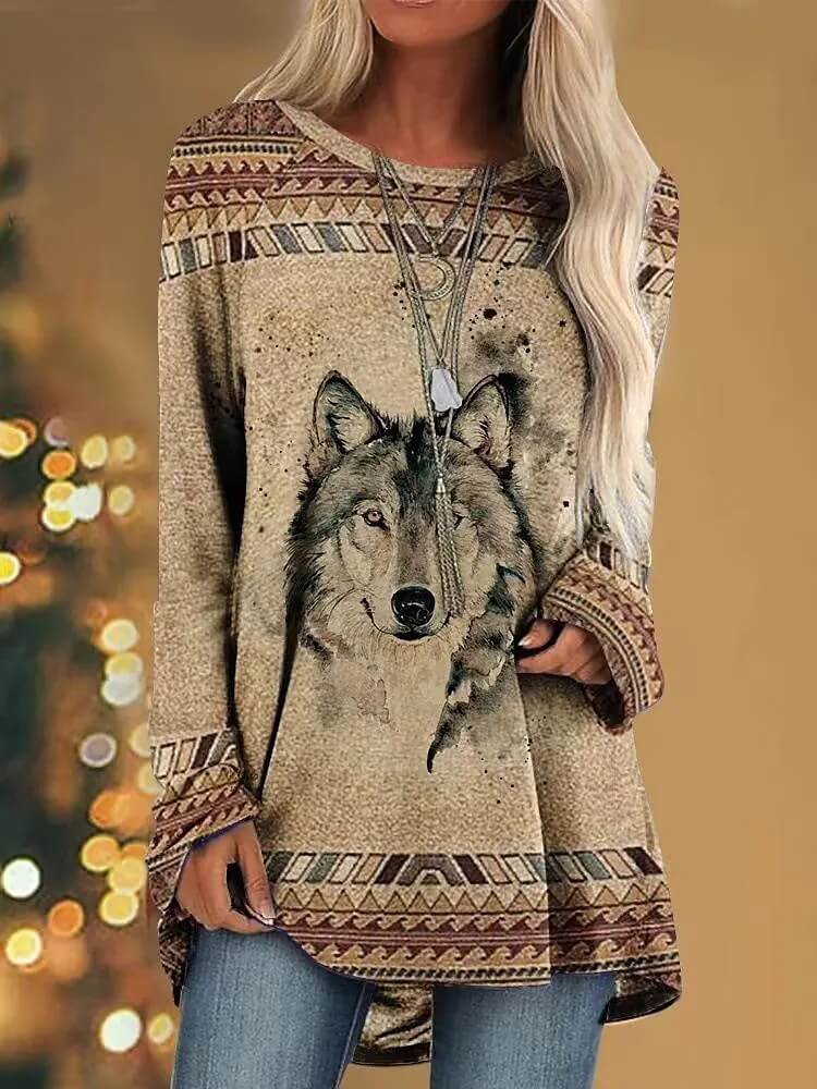 Printed Loose Long Sleeve Round NeckT-Shirt