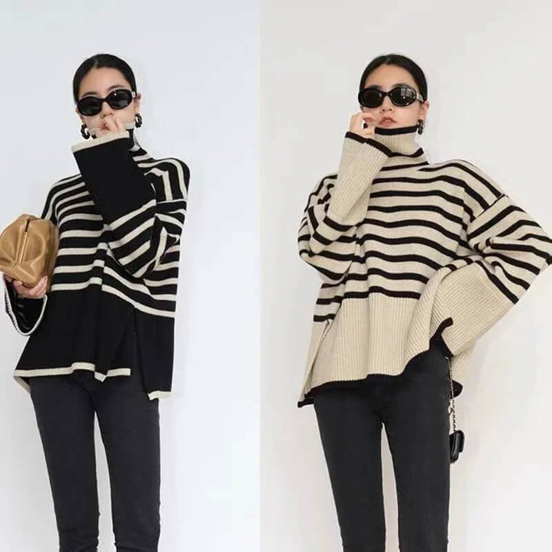 Winter Turtleneck Side Slit Stripe Stitching Pullover Sweater