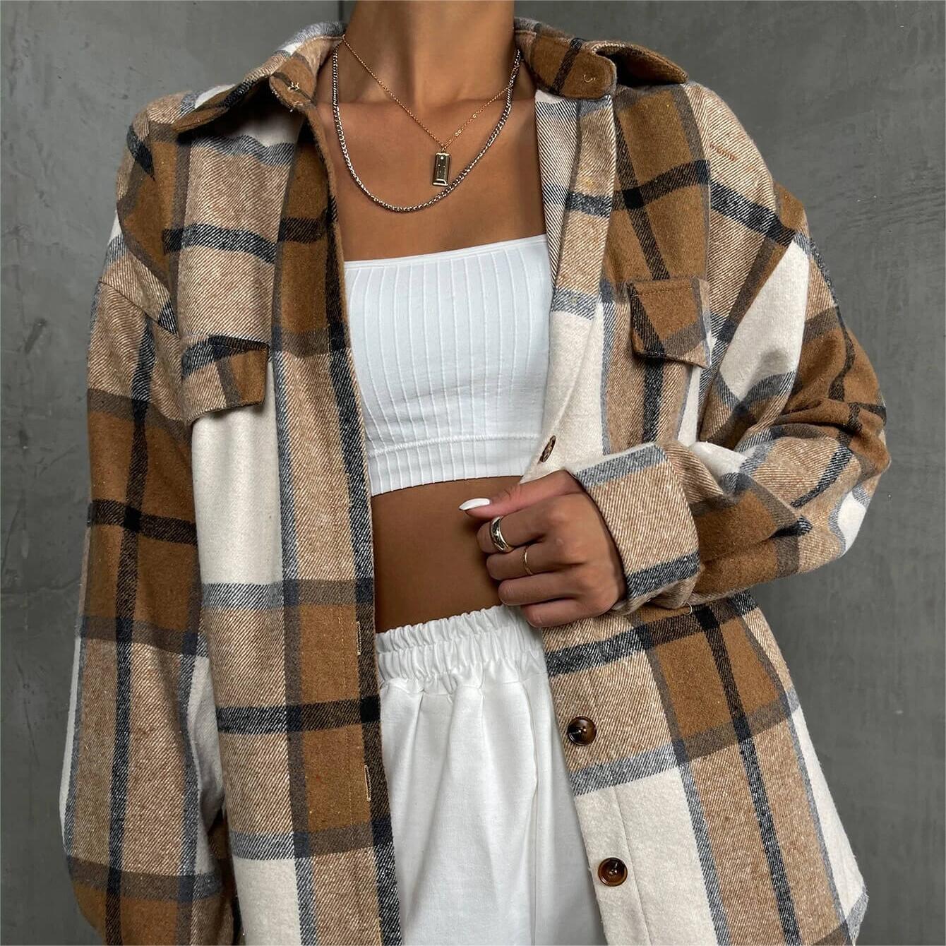 Plaid Print Flap Detail Drop Shoulder Coat
