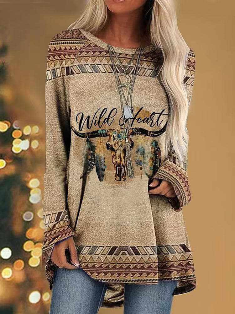 Printed Loose Long Sleeve Round NeckT-Shirt