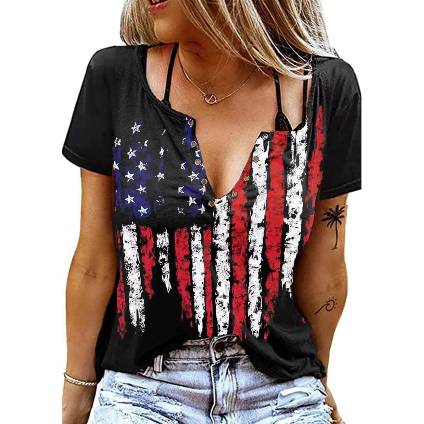 Independence Day Flag Print V-Neck Short Sleeve