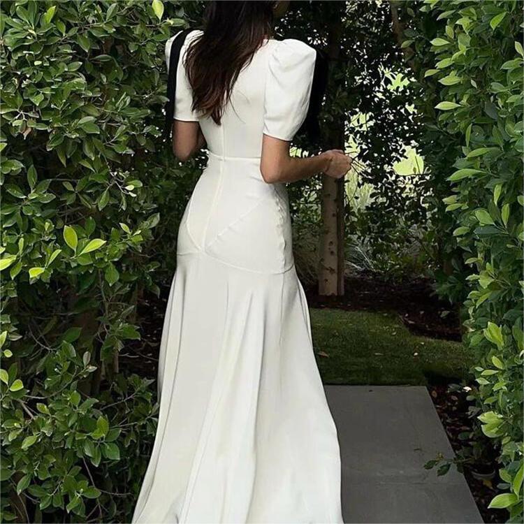 Cream Hepburn Style Slim Long Dress