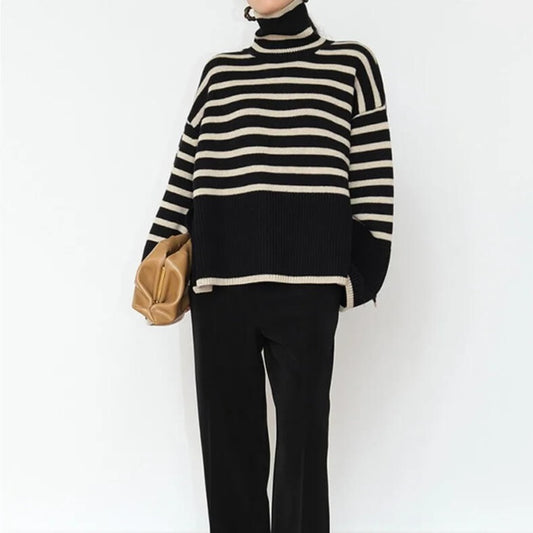 Winter Turtleneck Side Slit Stripe Stitching Pullover Sweater