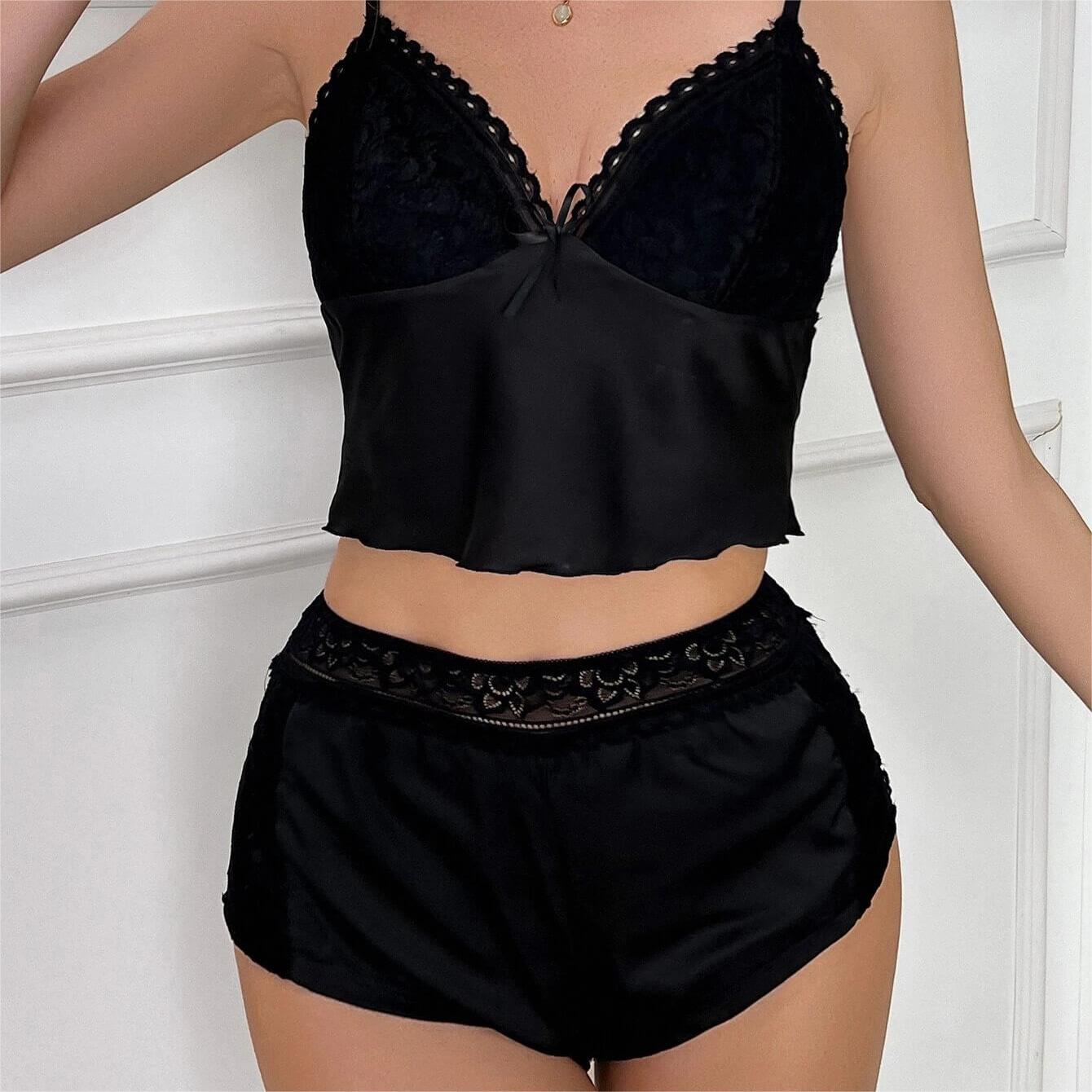 Lace Trim Bow Front Satin PJ Set