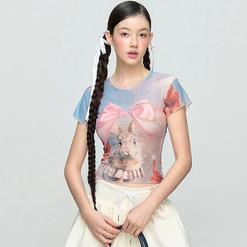 Easter Bow Bunny T-shirt Y2K Mesh Exposed Navel Short Sleeve🎀🐰