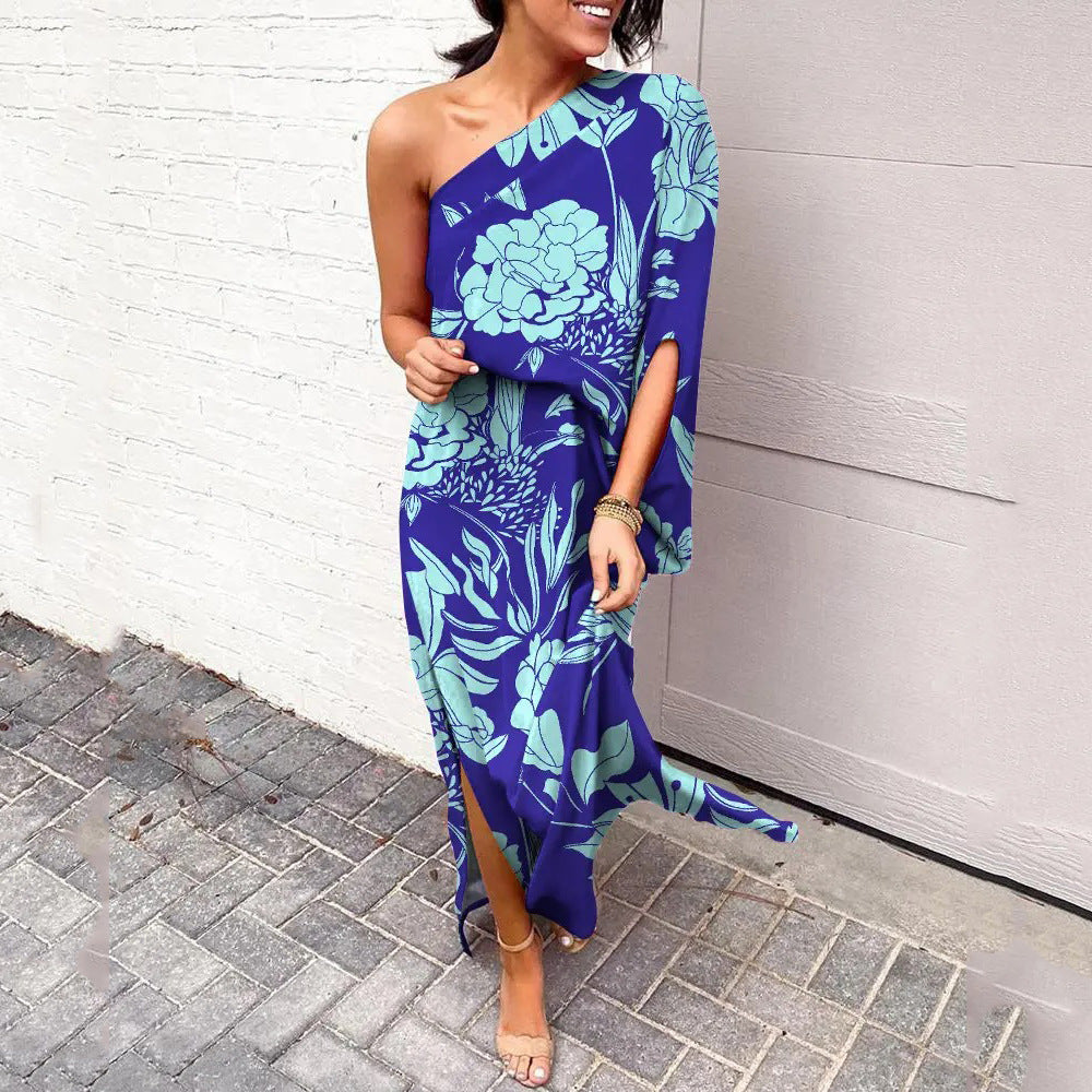 One Shoulder Maxi Dresses for Women 2025 Vacation Print Asymmetrical Flowy Boho Beach Wedding Guest Dresses