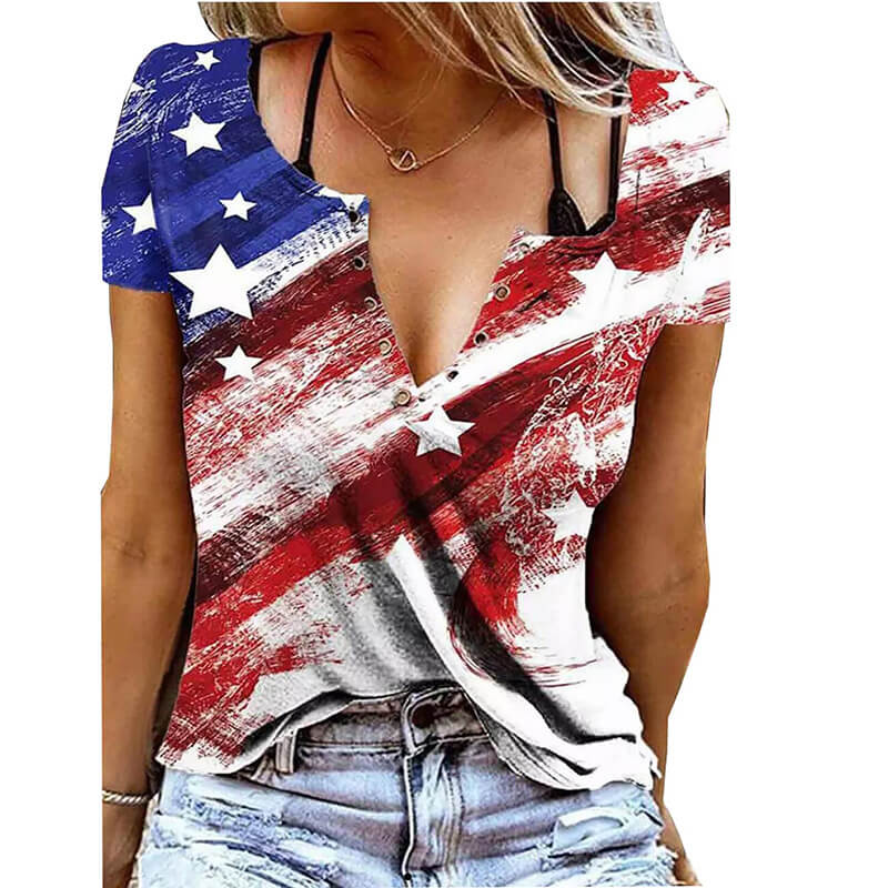 Independence Day Flag Print V-Neck Short Sleeve