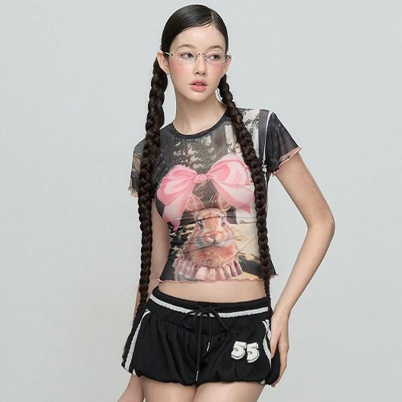 Easter Bow Bunny T-shirt Y2K Mesh Exposed Navel Short Sleeve🎀🐰