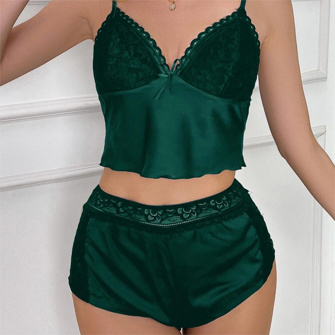 Lace Trim Bow Front Satin PJ Set