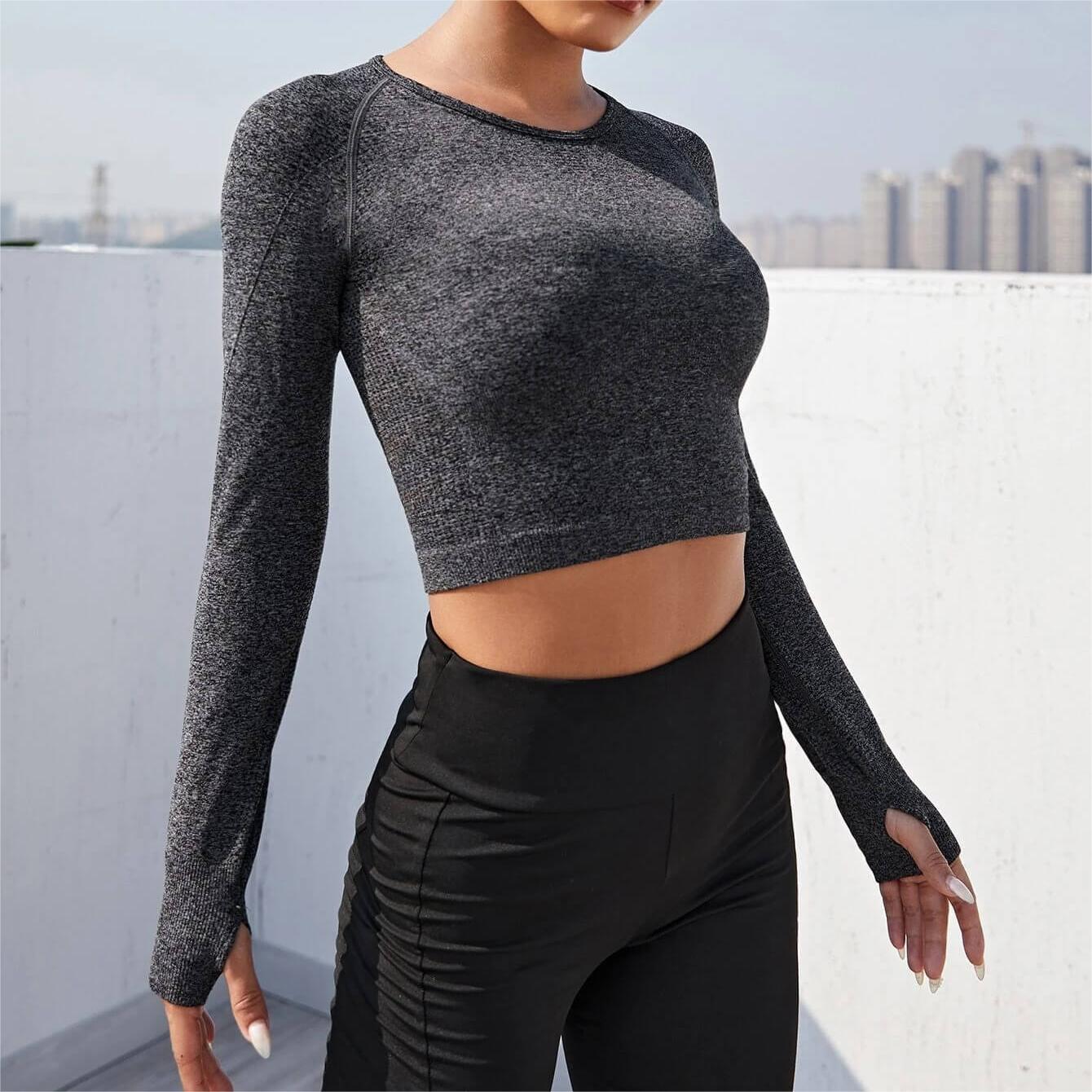 Yoga Basic Seamless Raglan Sleeve Thumb Holes Sports Tee