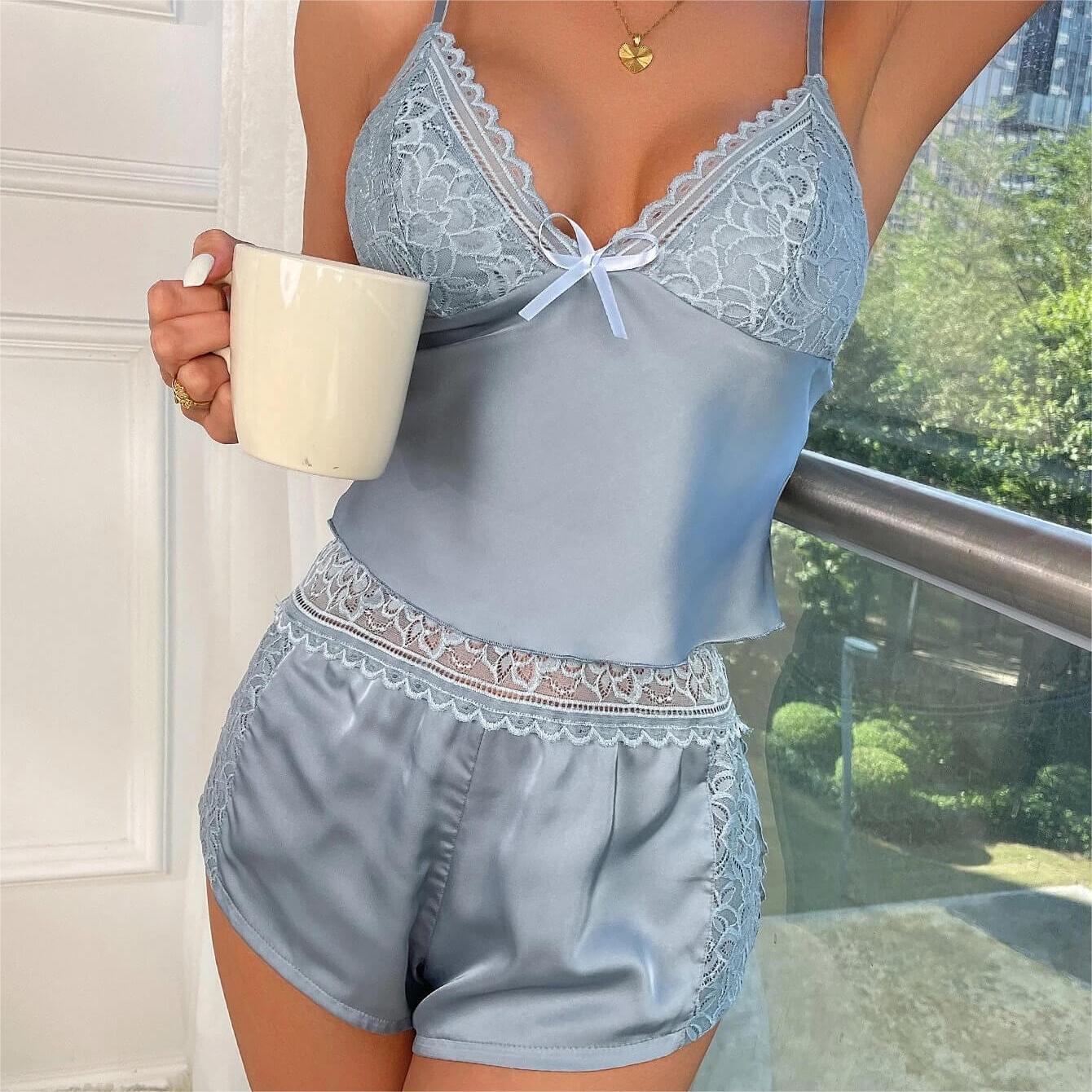 Lace Trim Bow Front Satin PJ Set