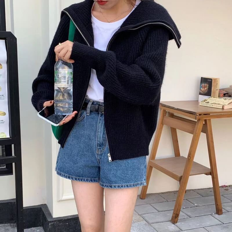 Navy collar zipper loose knit sweater coat