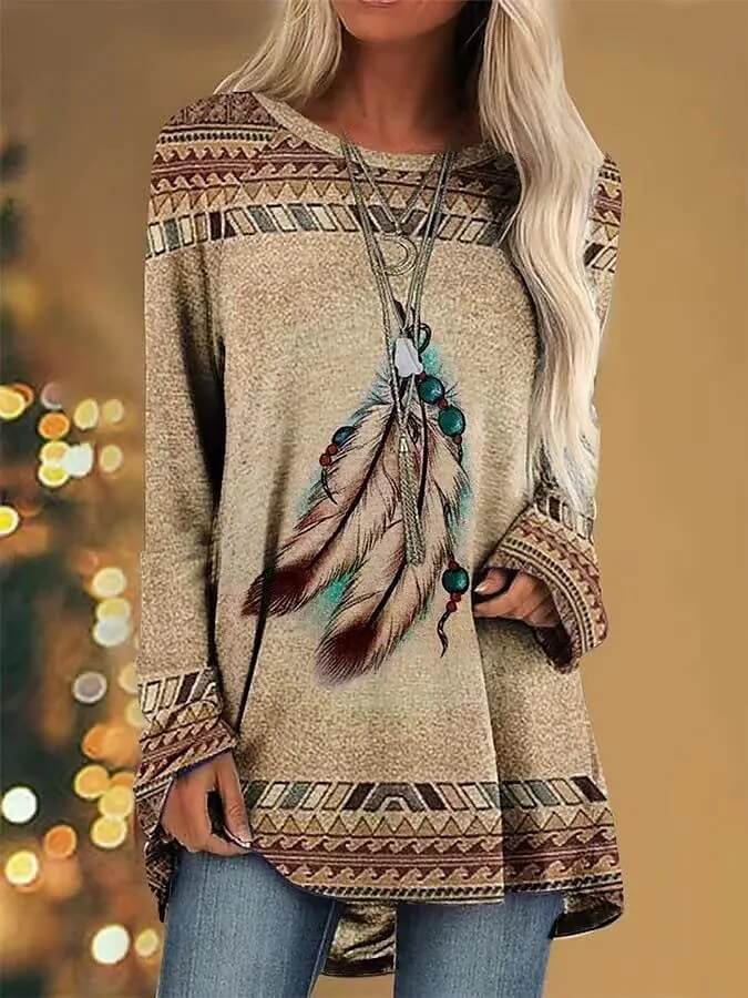 Printed Loose Long Sleeve Round NeckT-Shirt