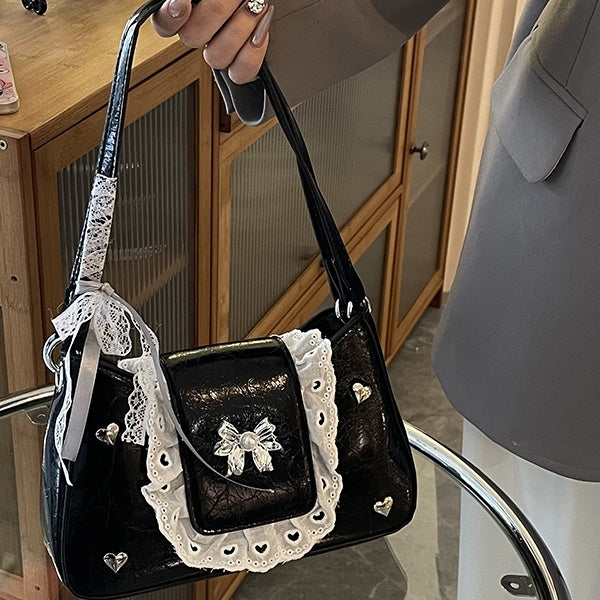 Sweet Spring - Summer PU Leather Handbags: Y2K Lace - Trimmed Bowknot Underarm Bags for Women