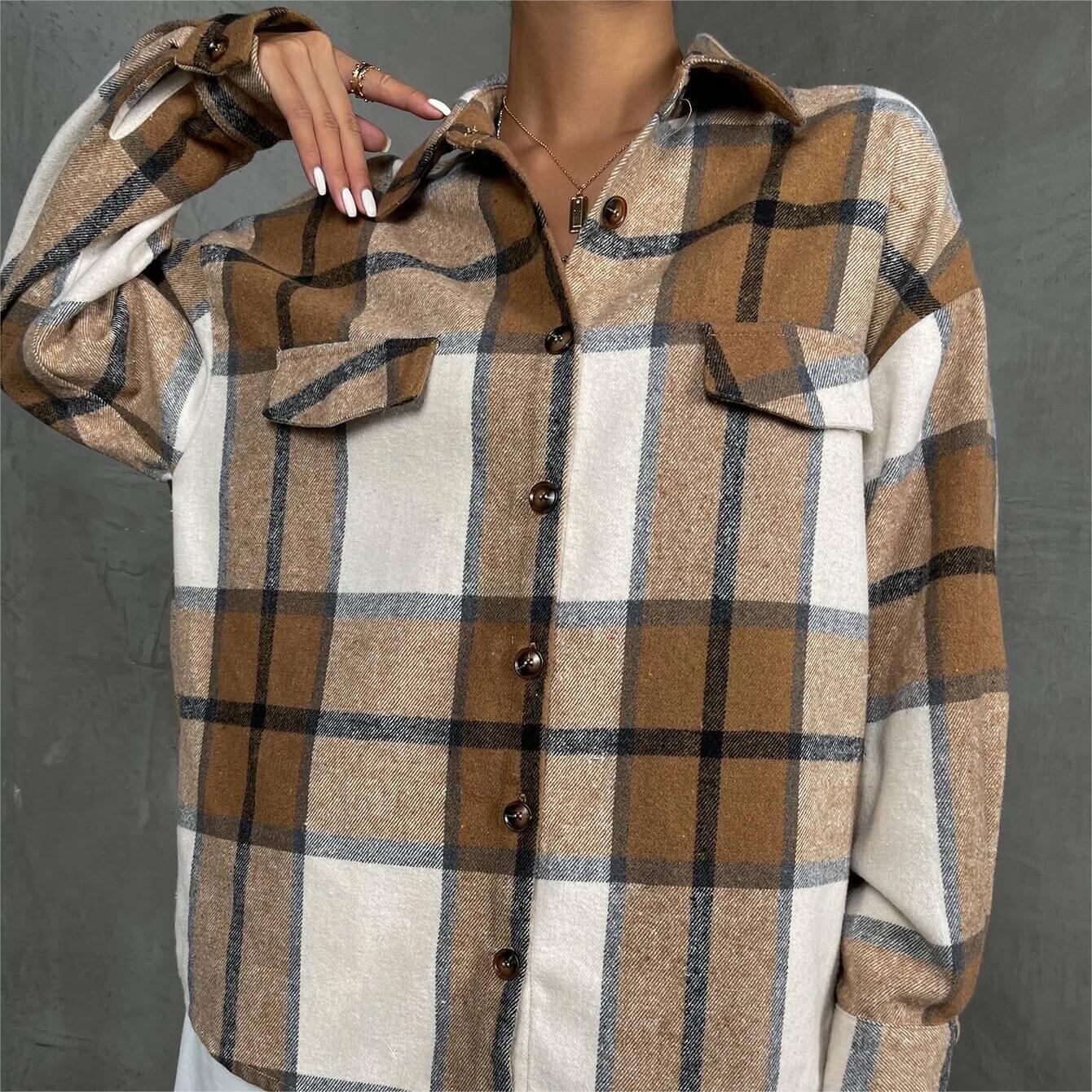 Plaid Print Flap Detail Drop Shoulder Coat