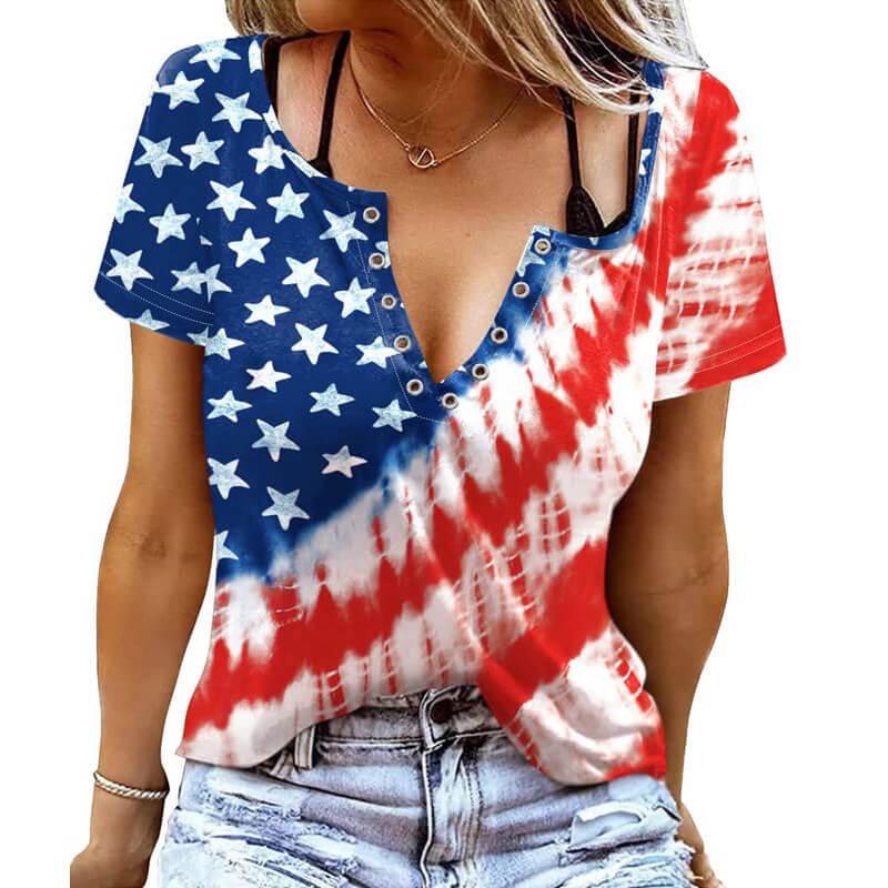 Independence Day Flag Print V-Neck Short Sleeve