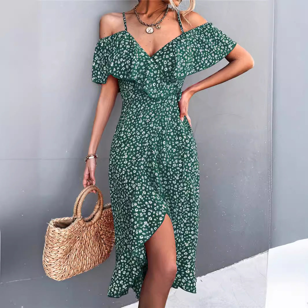 2025 Women's Summer Floral Maxi Dress with Lotus Leaf Sleeves, Sexy Backless Design with Slit - Perfect for Effortless Elegance