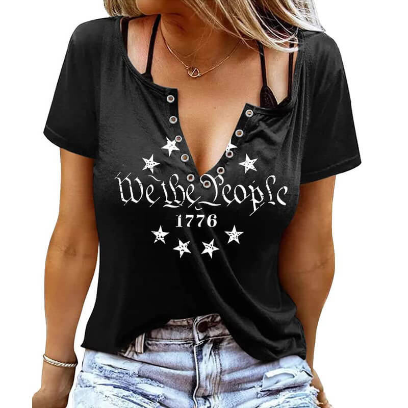 Independence Day Flag Print V-Neck Short Sleeve
