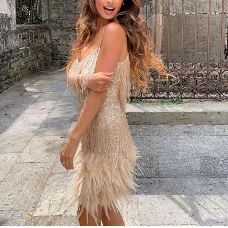 New Sexy Tassel Sequins Feather Mini Dress