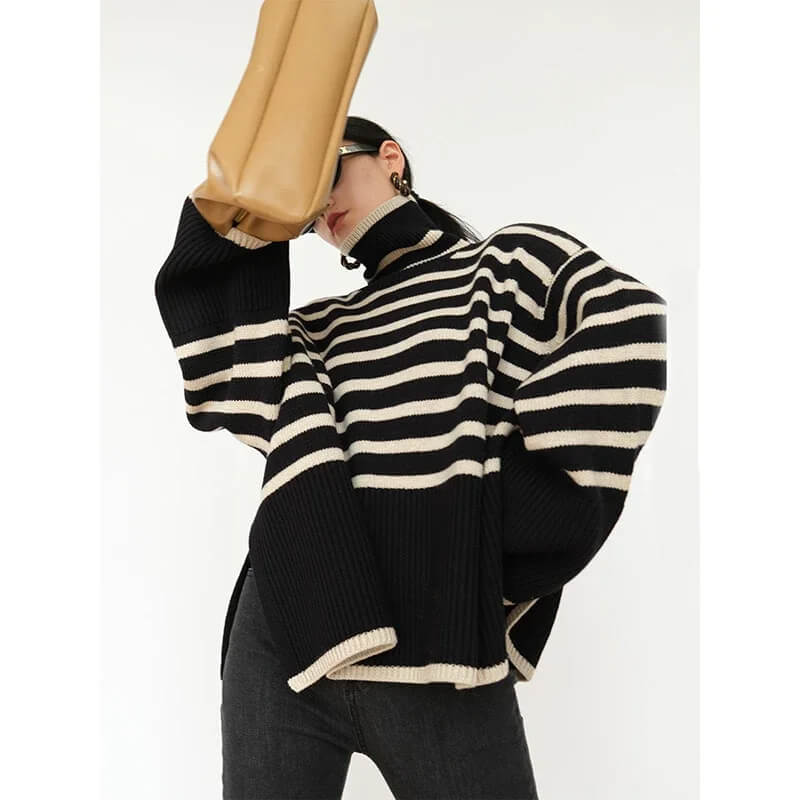 Winter Turtleneck Side Slit Stripe Stitching Pullover Sweater