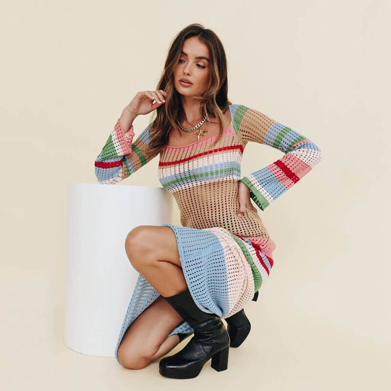 Colorful Clashing Hollow Out Knit Dress