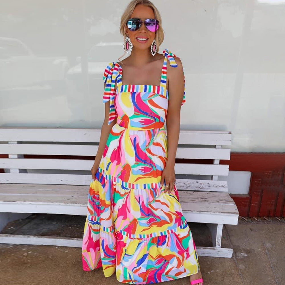 Colorful Casual Summer Dress for Women 2025 Vacation Sling Square - Neck Beach Dress