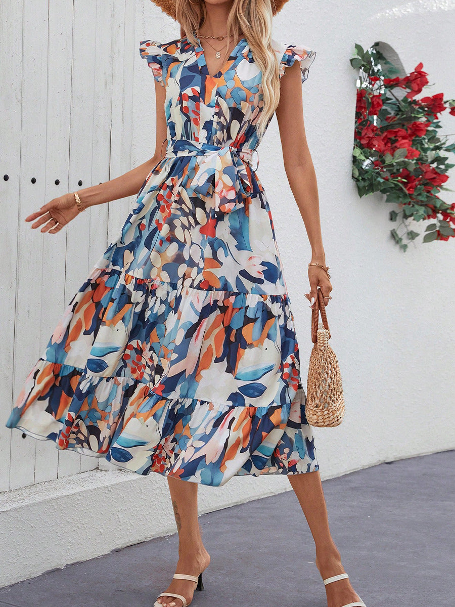 Women's Bohemian Beach Skirt Lotus Leaf Sleeve V-neck Dress for Trendy Beach Vacations 2025 Summer & Seashell Starfish Bracelet