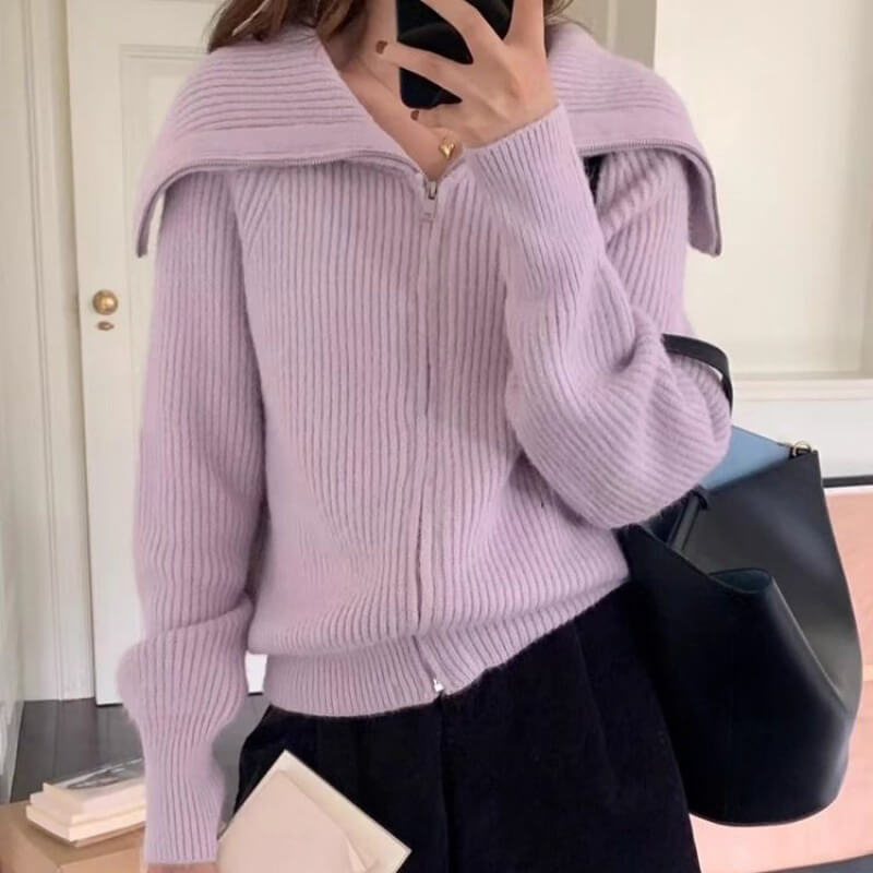 Navy collar zipper loose knit sweater coat