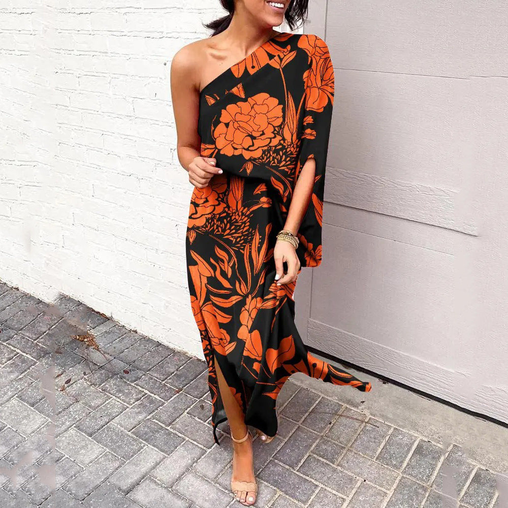 One Shoulder Maxi Dresses for Women 2025 Vacation Print Asymmetrical Flowy Boho Beach Wedding Guest Dresses